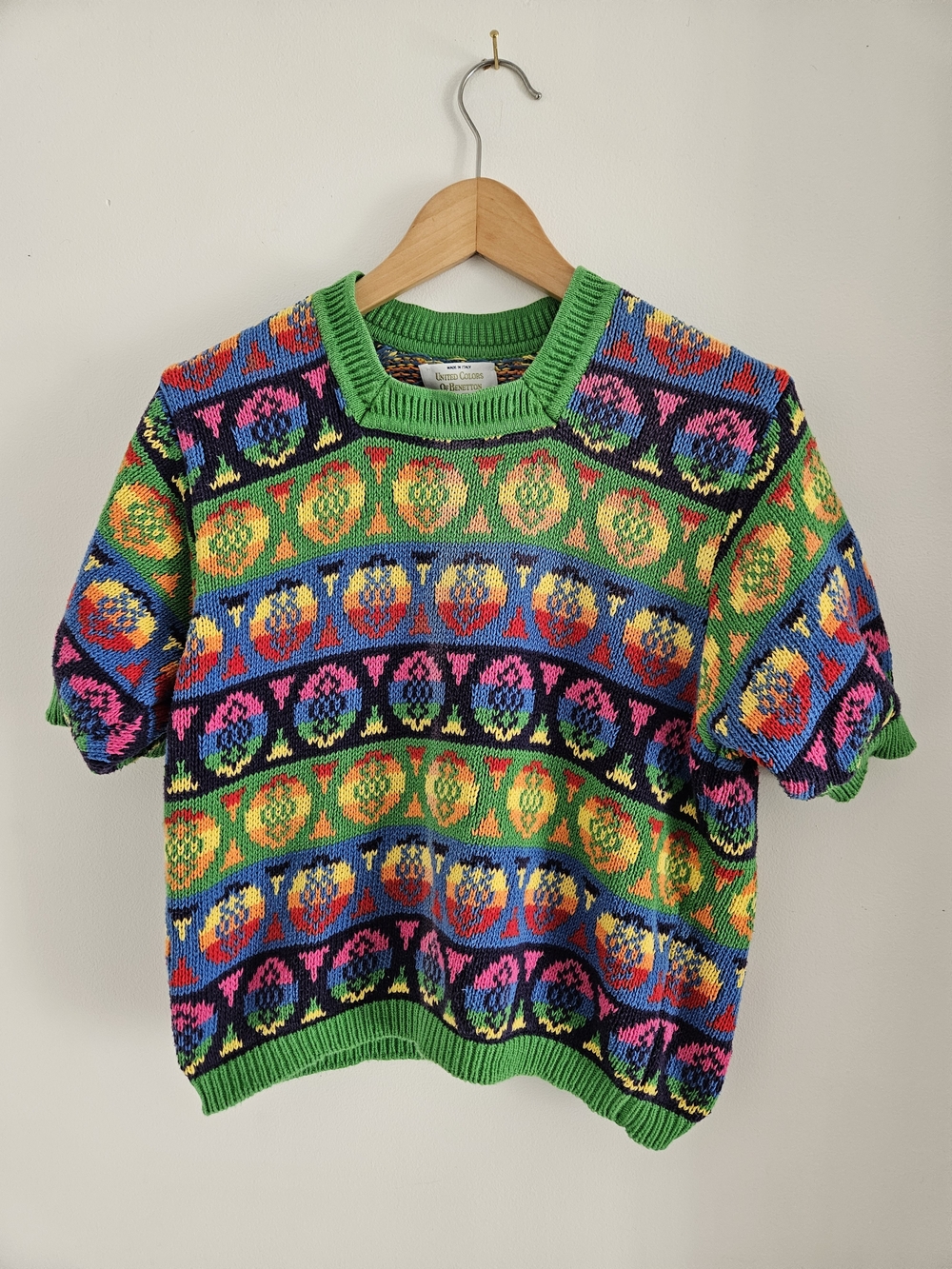 Vintage United Colors Of Benetton Knit Short Sleeve Sweater Shirt Large Colorful